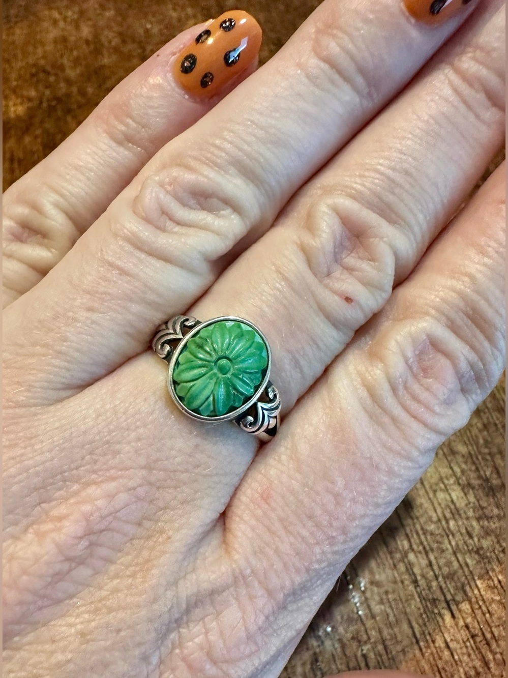 Hand-Carved, Green Floral Turquoise, Solid Sterling Silver Ring